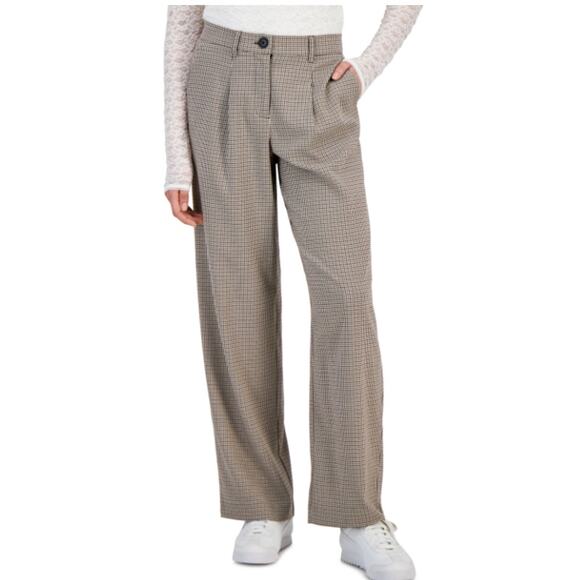 Hippie Rose Trouser Pants Brown Black Plaid Womens S High-Rise Wide Leg Pleated - Picture 2 of 13